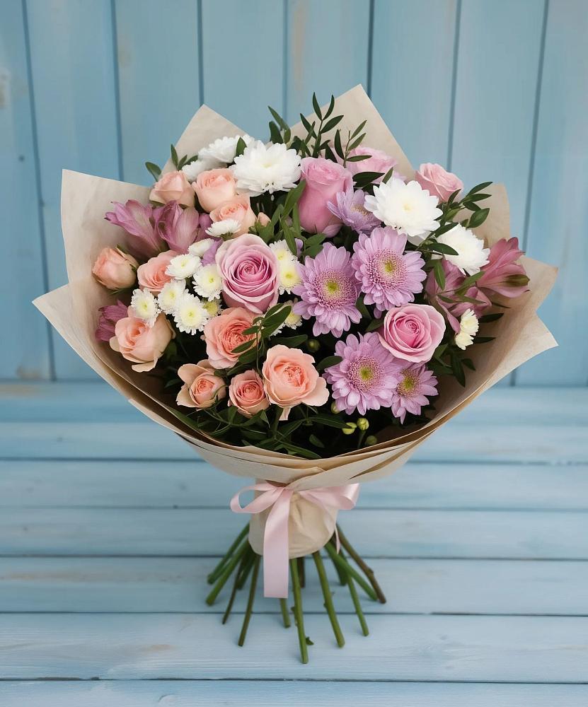 Букет цветов из: Хризантемы, Розы и Альстромерии в Новой Чигле
