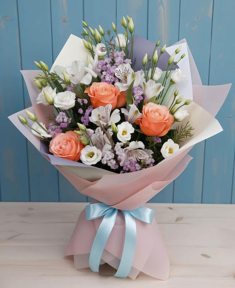 Букет цветов из: Лизиантусы, Розы, Альстромерии и Гипсофила в Новой Чигле